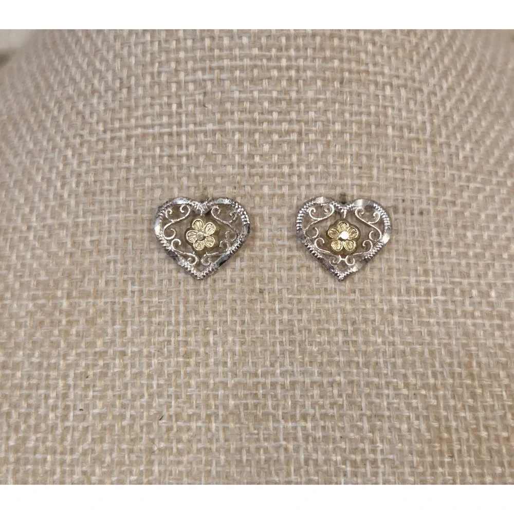 Vintage‎ Sterling Silver Filigree Heart Stud Earrings With 10k Gold Flowers